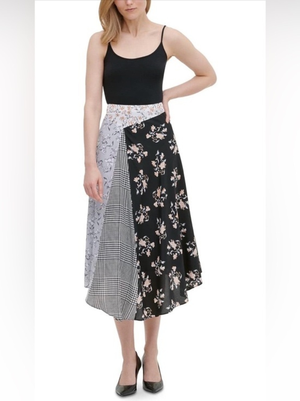 Calvin Klein Mixed-Print Panel Midi Skirt in Black and White with Floral Accents